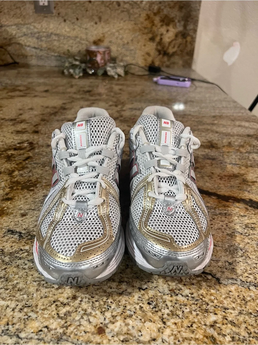 New Balance Men’s White Mesh Running Sneakers with Gold & Pink Highlights